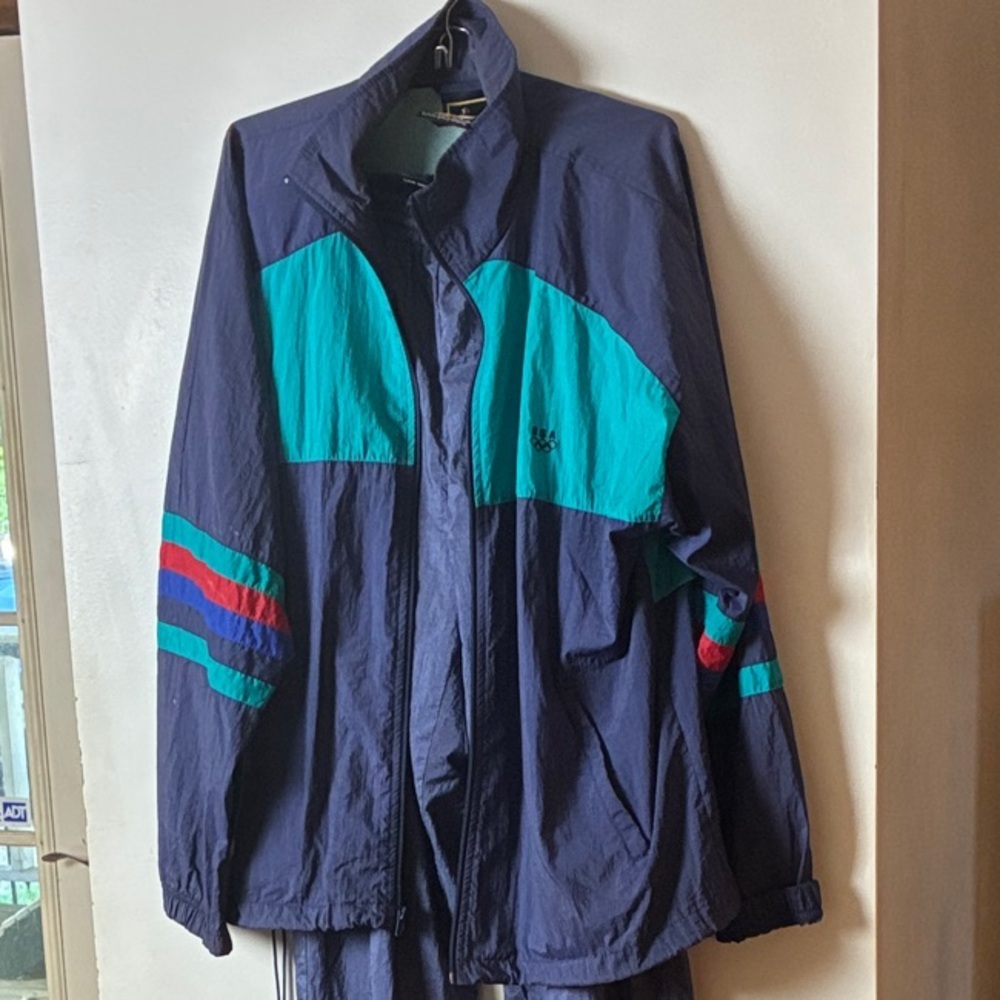 Vintage JCPenney USA Olympic Men's Navy and Teal Windbreaker​